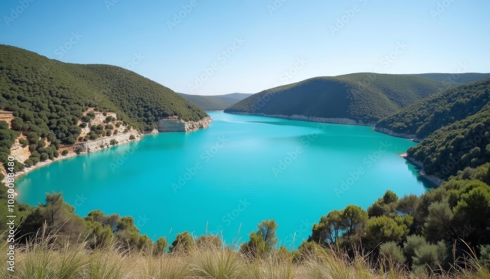 Enchanting lake nestled among verdant hills Enchanting lake nestled among verdant hills