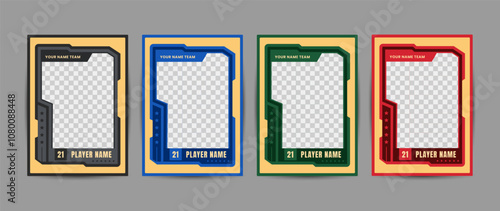 Collection of player frames for sports card template, Four frames show team and player names and number