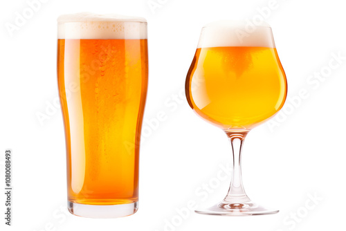 Set of different beer glasses in various styles isolated on white transparent background. Mugs with drink like Ipa, Pale Ale, Pilsner, Porter or Stout photo