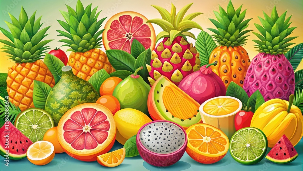 Experience a vibrant summer with our Tropical Fruit Collection featuring zesty citrus, sweet pineapple, refreshing watermelon, and exotic pitahaya to brighten your designs. Experience a vibrant summer with our Tropical Fruit Collection featuring zesty citrus, sweet pineapple, refreshing watermelon, and exotic pitahaya to brighten your designs.