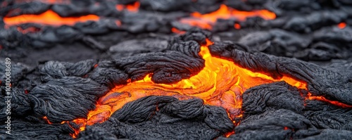 Close-up view of molten lava flowing over hardened rock surface.