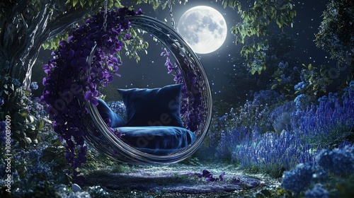 A luxurious moonlit garden scene with a circular swing draped in deep purple orchids and hanging from a silver-barked tree branch. 