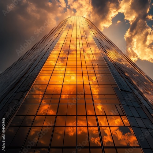 Wallpaper Mural Architecture: A modern skyscraper reflecting a golden-orange sunset Torontodigital.ca
