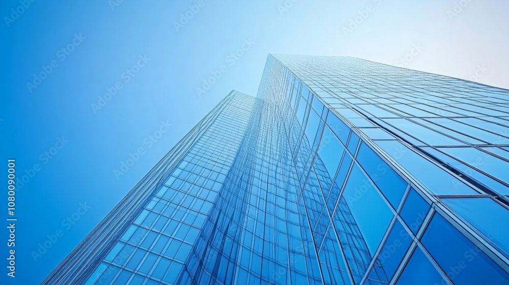 A modern glass tower with angular architecture, viewed from below, reflecting the sky and surroundings A modern glass tower with angular architecture, viewed from below, reflecting the sky and surroundings