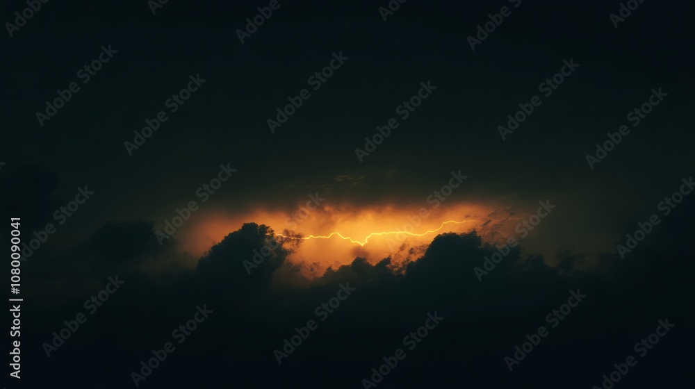 Obraz premium Lightning flashing behind a dark stormy cloud at sunset, casting an eerie glow