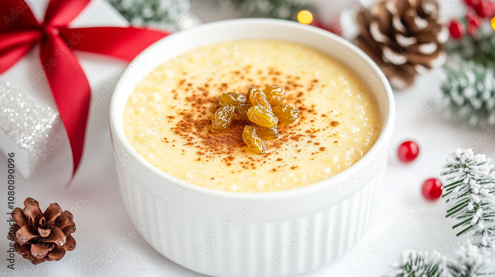 Traditional Christmas Amaranth Porridge with Cinnamon and Honey, Festive Holiday Breakfast with Pine Cones and Red Berries Decoration Traditional Christmas Amaranth Porridge with Cinnamon and Honey, Festive Holiday Breakfast with Pine Cones and Red Berries Decoration