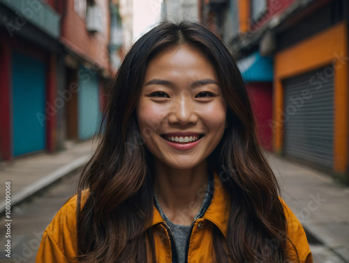 Radiant Asian Woman with Beaming Smile in Vibrant Urban Alleyway – Captivating Portrait in a Colorful City Setting