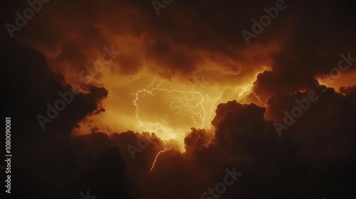 Lightning flashing behind a dark stormy cloud at sunset, casting an eerie glow photo