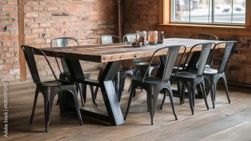 Rustic Wooden Dining Table with Metal Chairs Setup