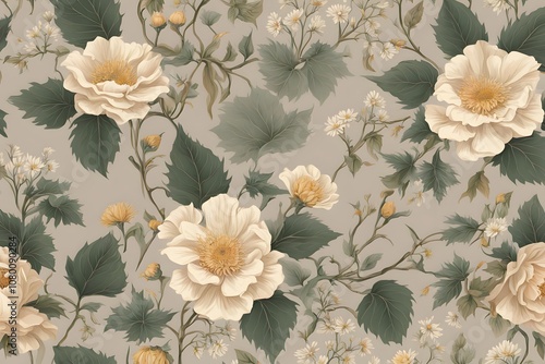 Cottagecore floral pattern with wild roses ivy and dandelions in soft earthy tones, Ai Generated