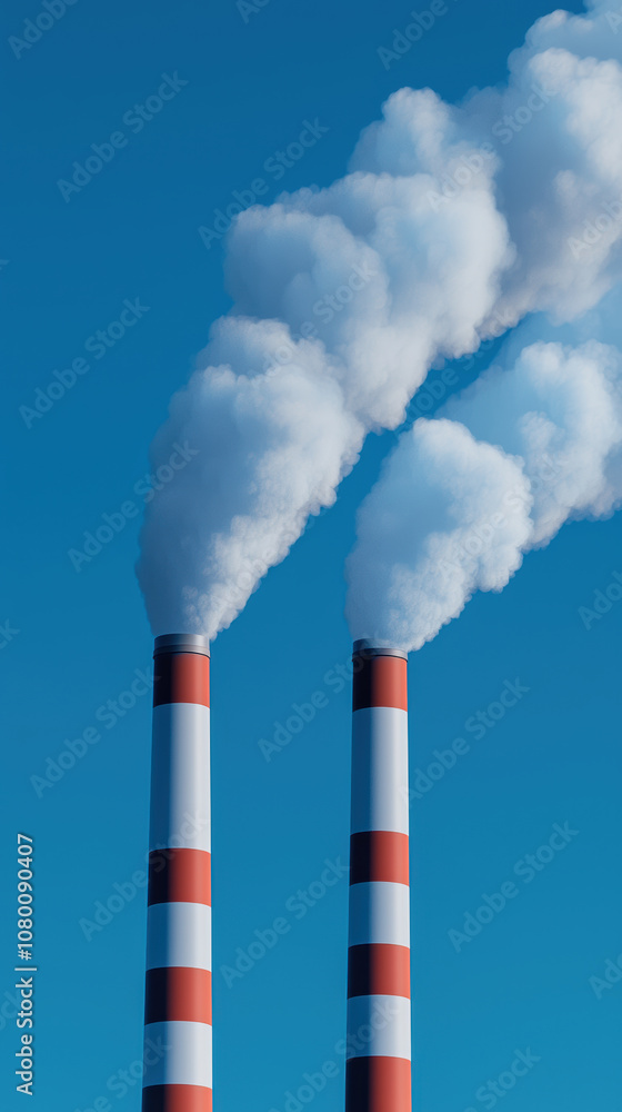 Coal power plants implementing modern emission reduction technology, Industrial chimneys emitting white smoke against a bright blue sky, highlighting environmental impact and air pollution. Coal power plants implementing modern emission reduction technology, Industrial chimneys emitting white smoke against a bright blue sky, highlighting environmental impact and air pollution.