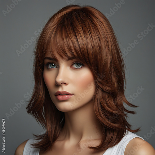 Stylish hair wig with trendy design isolated on background, front view, fashionable hairstyle concept.