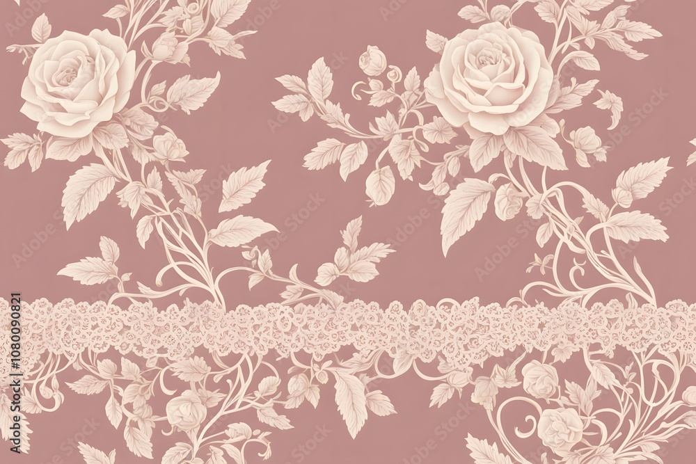 Fototapeta Delicate lace like flower pattern with roses and vines in shades of dusty rose and cream, Ai Generated