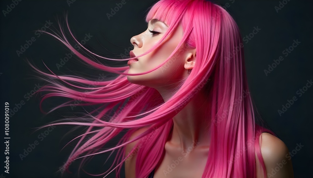 Fototapeta premium Teenage girl with long, vibrant silky pink hair flowing dramatically