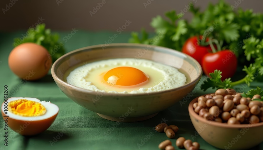 Freshly cracked egg with sunny side up yolk and a side of chickpeas Freshly cracked egg with sunny side up yolk and a side of chickpeas