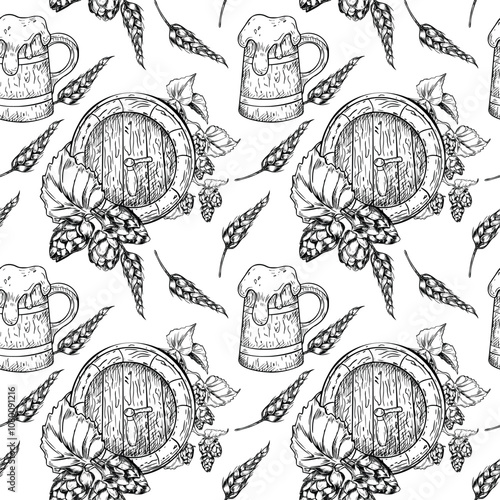 Seamless vector pattern with hand drawn hop cones, wooden beer barrel in black white isolated. Wheat ears and beer mug painted monochrome on repeated background for Oktoberfest textile, wrapping paper