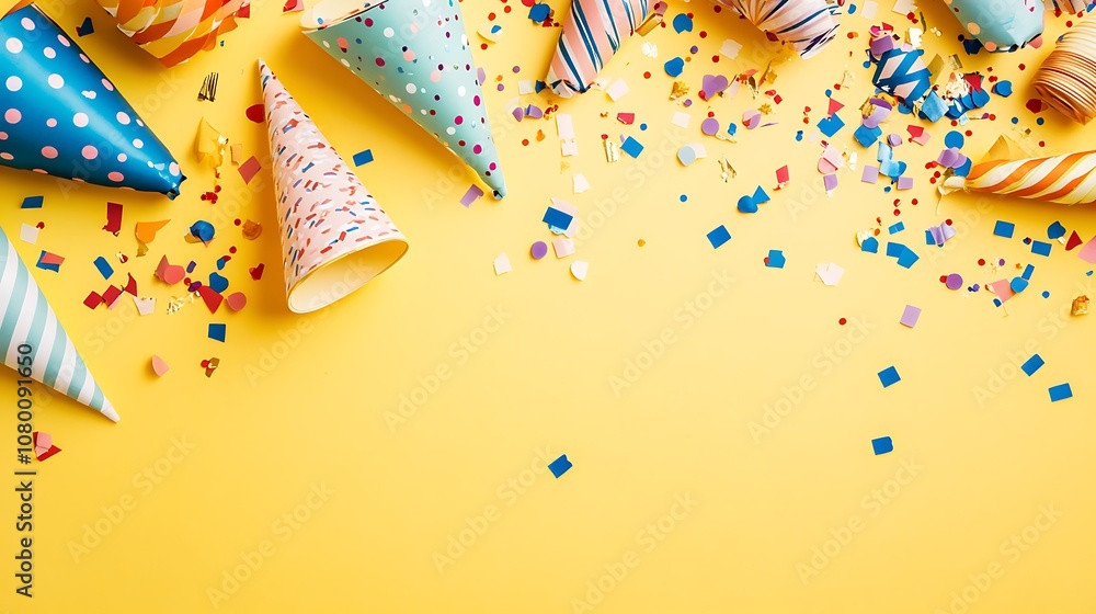 Birthday confetti scattered across a solid yellow background Birthday confetti scattered across a solid yellow background