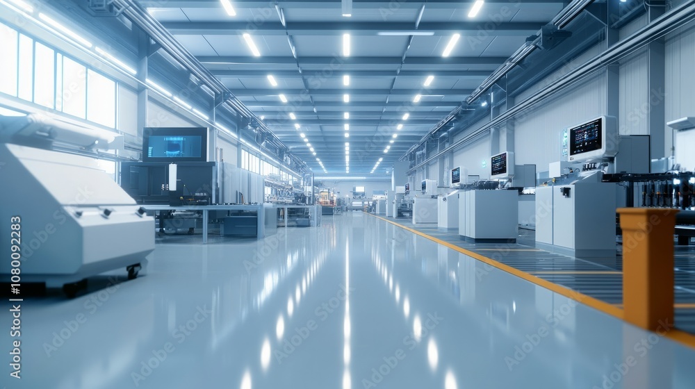 A modern, high-tech factory with sleek automated machines producing electronic components, bright white lighting reflecting off polished floors, digital screens monitoring production A modern, high-tech factory with sleek automated machines producing electronic components, bright white lighting reflecting off polished floors, digital screens monitoring production