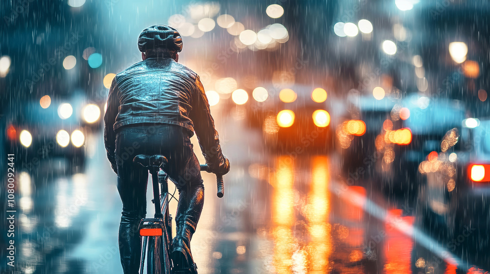 Cyclist rides through pouring rain at night on a city street, navigating traffic in a leather jacket and helmet Cyclist rides through pouring rain at night on a city street, navigating traffic in a leather jacket and helmet