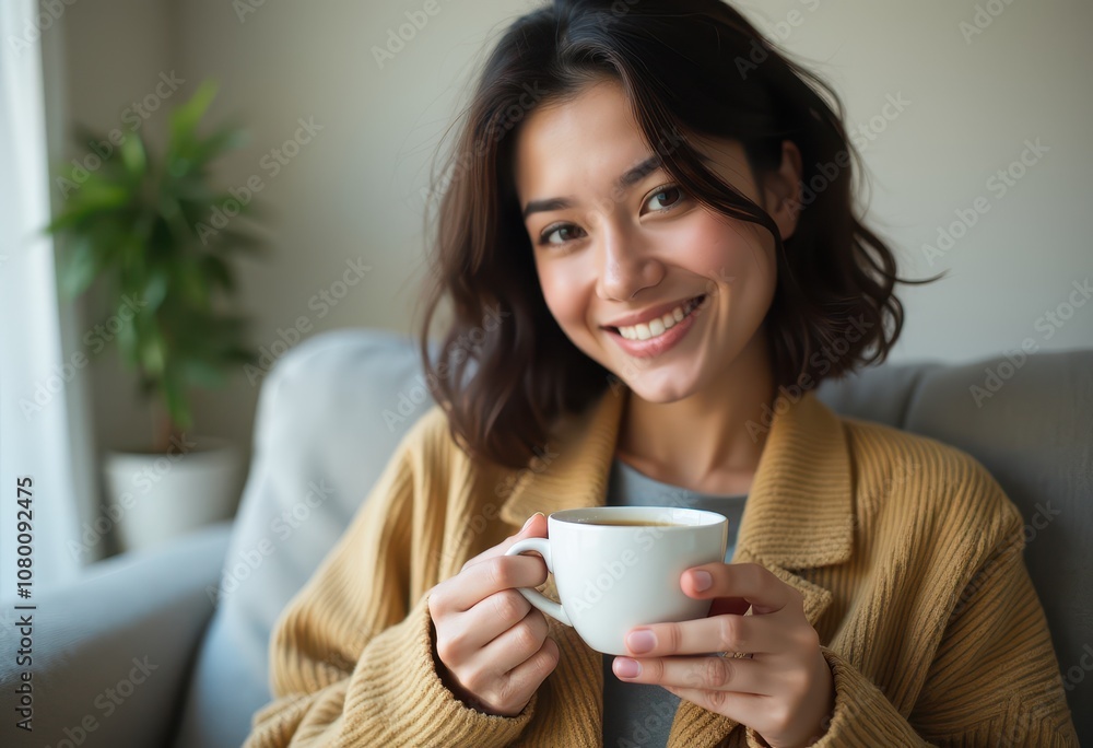 Smiling young asian woman relaxing in the living room with coffee, holding coffee cup, close-up looking at camera Smiling young asian woman relaxing in the living room with coffee, holding coffee cup, close-up looking at camera
