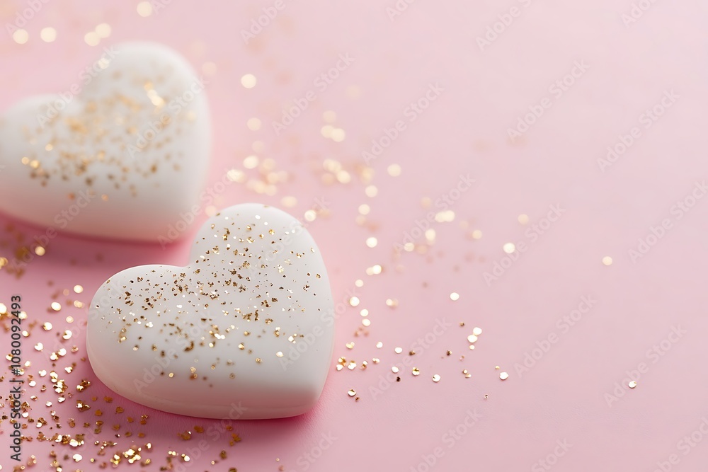 Fototapeta premium Delicate hearts with golden sparkles on a soft gradient pink background.