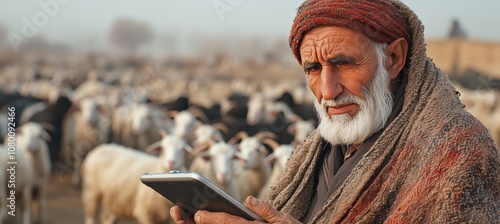 Elderly Goatherd Embraces Technology, Using Tablet for Herd Data amidst Morning Pasture