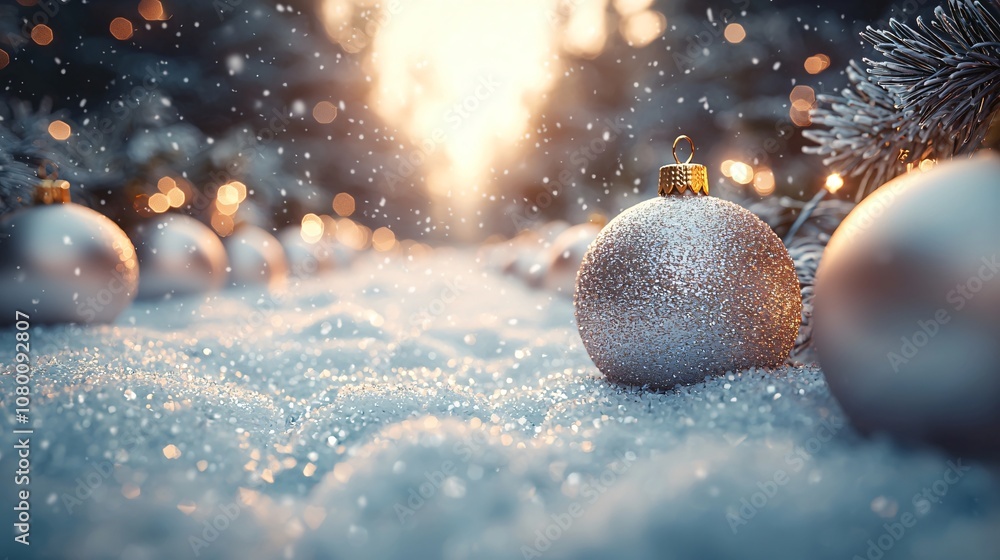 Elegant Christmas ornaments on snow create a serene atmosphere, ideal for festive designs, holiday cards, and seasonal marketing for Christmas events. Elegant Christmas ornaments on snow create a serene atmosphere, ideal for festive designs, holiday cards, and seasonal marketing for Christmas events.