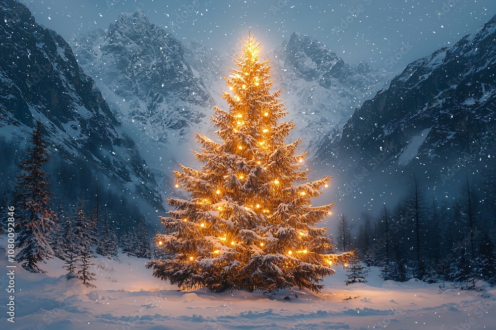 A stunning Christmas scene featuring a glowing tree in a snowy landscape, perfect for winter festivities, holiday cards, and seasonal advertisements. A stunning Christmas scene featuring a glowing tree in a snowy landscape, perfect for winter festivities, holiday cards, and seasonal advertisements.