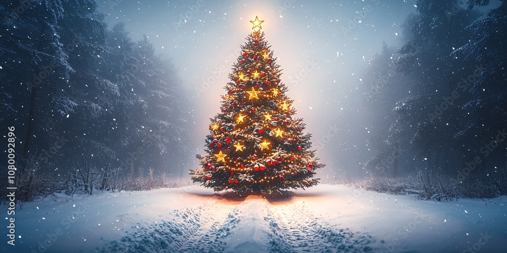 A beautifully adorned Christmas tree in a snowy landscape, perfect for holiday cards, seasonal promotions, and festive decorations during the winter season. A beautifully adorned Christmas tree in a snowy landscape, perfect for holiday cards, seasonal promotions, and festive decorations during the winter season.