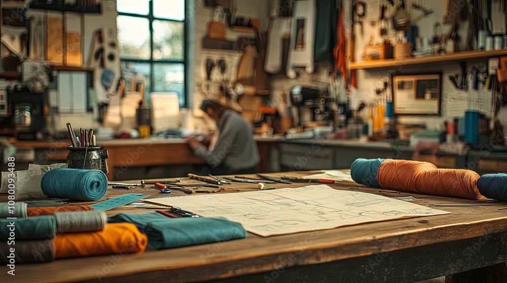 A Woodworking Workshop Table with Tools, Supplies, and Drawings A Woodworking Workshop Table with Tools, Supplies, and Drawings
