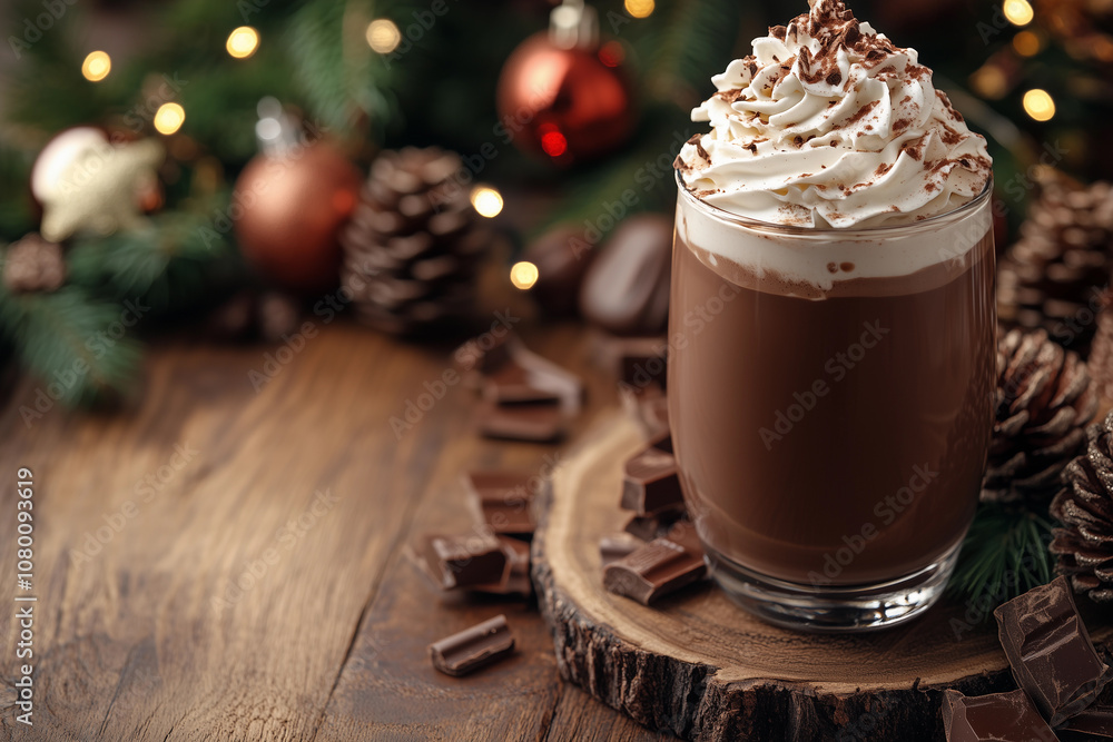 Glass of chocolate with whipped cream on a wooden table with christmas decorations background Glass of chocolate with whipped cream on a wooden table with christmas decorations background
