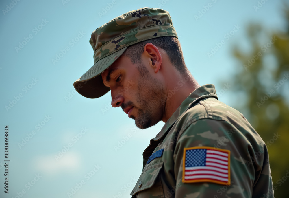A young soldier in a camouflage uniform looks away thoughtfully. A young soldier in a camouflage uniform looks away thoughtfully.