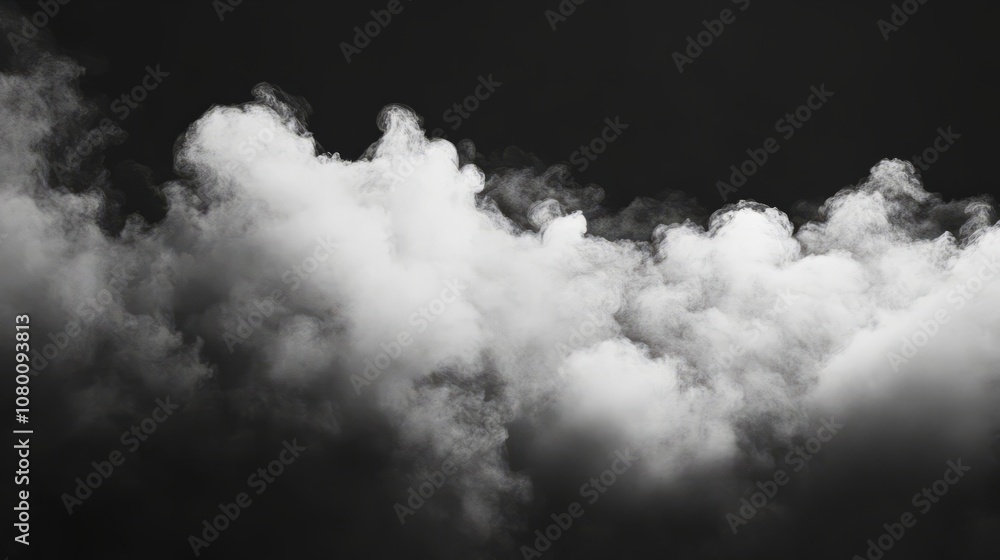 Realistic fluffy white cloud illuminated against a black background, soft wisps curling at the edges Realistic fluffy white cloud illuminated against a black background, soft wisps curling at the edges
