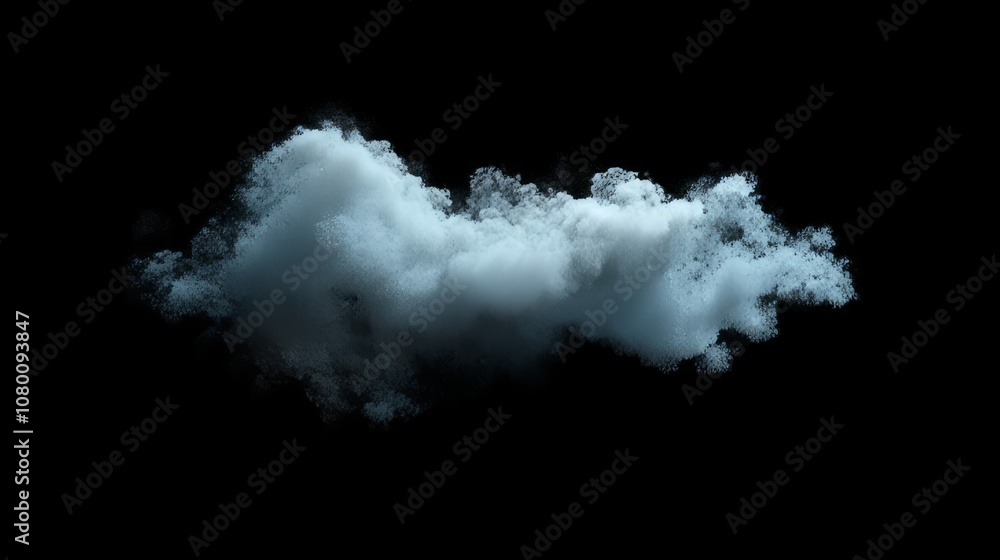 Realistic fluffy white cloud illuminated against a black background, soft wisps curling at the edges Realistic fluffy white cloud illuminated against a black background, soft wisps curling at the edges