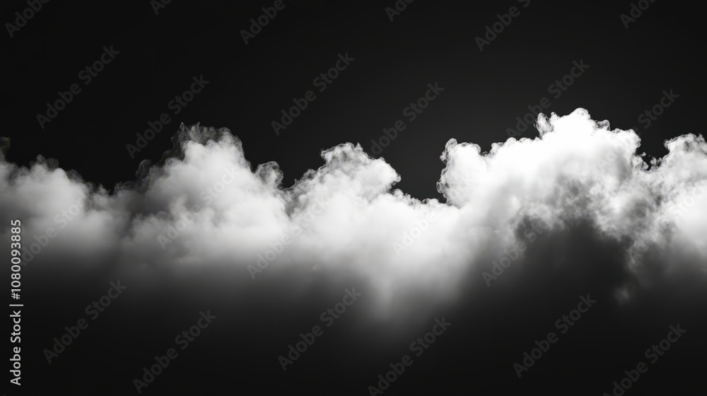Realistic fluffy white cloud illuminated against a black background, soft wisps curling at the edges Realistic fluffy white cloud illuminated against a black background, soft wisps curling at the edges