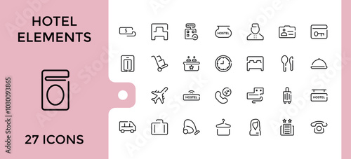 Hotel Elements icons set in line style. Related to set, thin, web, shower, travel, passport, airplane, vect. Thin UI icon design. Editable stroke. Vector illustration.