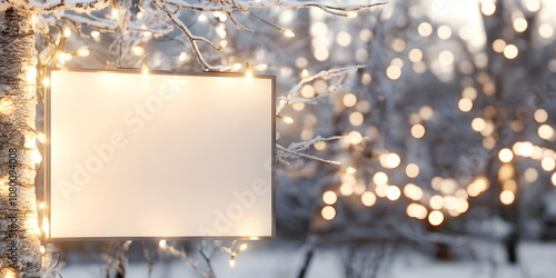 A winter forest holiday background with empty billboard surrounded by lights. There is a place for text on billboard. banner, wallpaper postcard background .