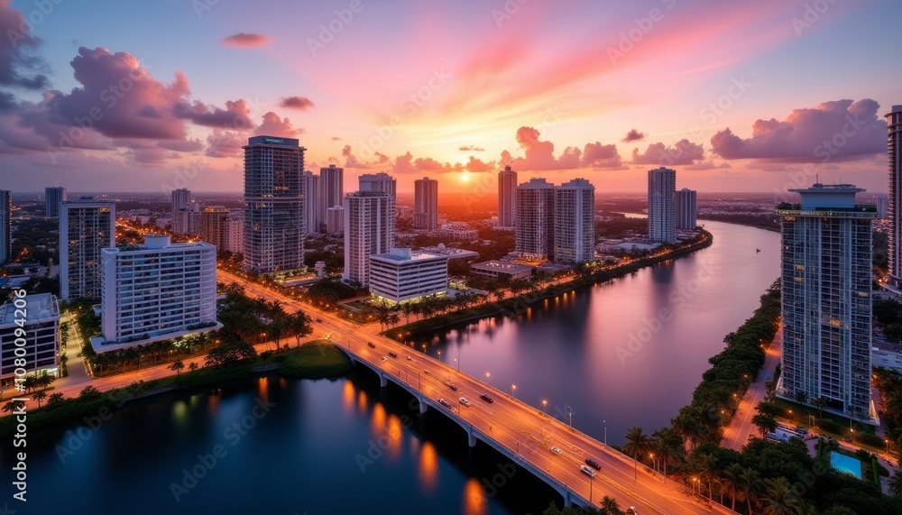Vibrant cityscape at sunset with river and bridge Vibrant cityscape at sunset with river and bridge