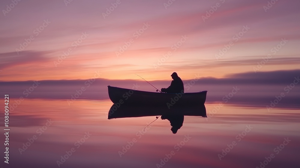 A silhouette of a person in a canoe on calm water at sunset, with vibrant hues reflecting on the surface, creating a serene atmosphere.
