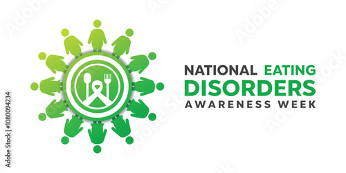 National Eating Disorder Awareness Week. People, plate, ribbon, spoon  and more. Great for cards, banners, posters, social media and more. White background. 