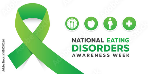 National Eating Disorder Awareness Week. Ribbon, plate, apple, people and plus icon. Great for cards, banners, posters, social media and more. White background. 