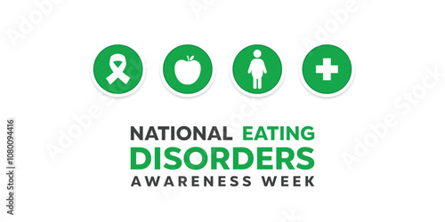 National Eating Disorder Awareness Week. Ribbon, apple, people and plus icon. Great for cards, banners, posters, social media and more. White background. 