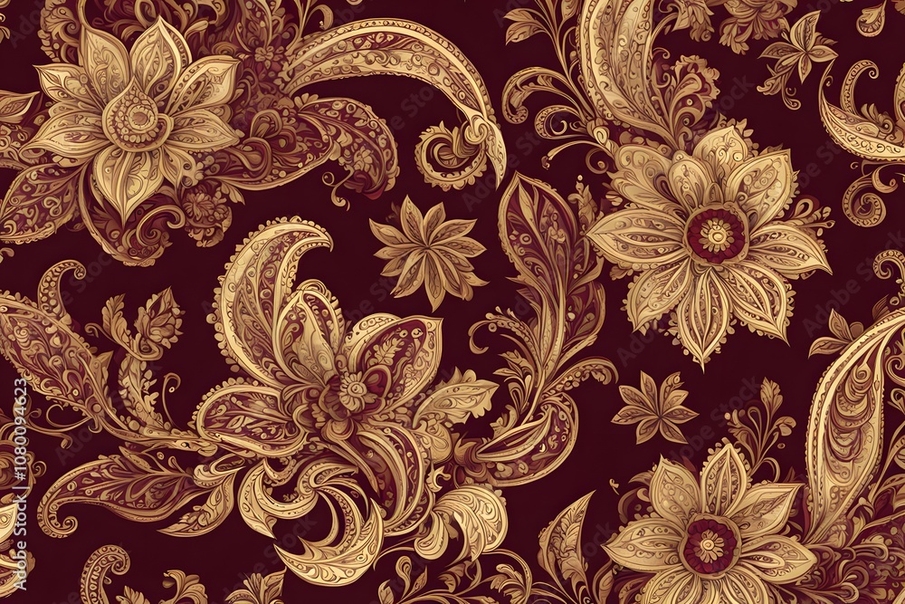 Elegant paisley flower pattern with intricate blossoms and leaves in shades of gold and burgundy, AI Generated Elegant paisley flower pattern with intricate blossoms and leaves in shades of gold and burgundy, AI Generated