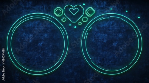 A neon wall installation on a deep navy blue textured background, with two large circular frames outlined in vibrant teal neon lights, set side by side.  photo