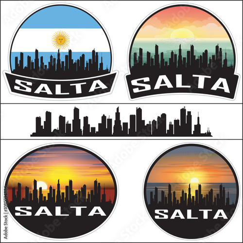 Salta Argentina Flag Skyline Cityscape Silhouette Travel Souvenir Sticker Sunset Isolated Vector
