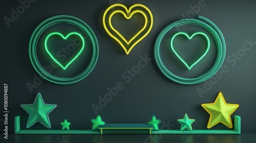 A neon setup on a sleek dark gray wall, with two circular frames at the top in electric green and turquoise.  photo