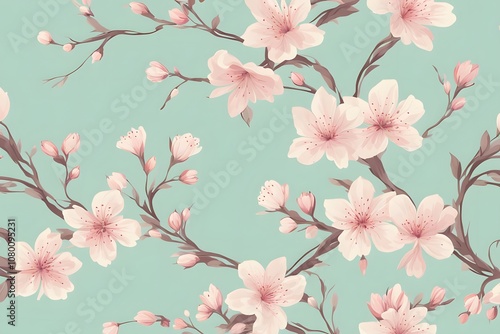 Elegant seamless pattern with cherry blossoms and vines in soft shades of pink and cream on a light, Ai Generated 