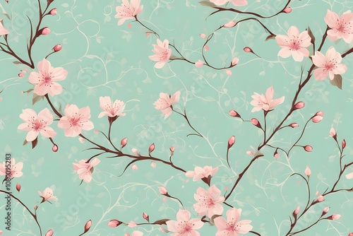 Wallpaper Mural Elegant seamless pattern with cherry blossoms and vines in soft shades of pink and cream on a light, Ai Generated  Torontodigital.ca