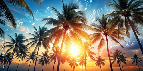 Tropical Sunset Symphony Palm Trees Silhouetted Against a Vibrant Sky with Musical Notes Floating Through the Air