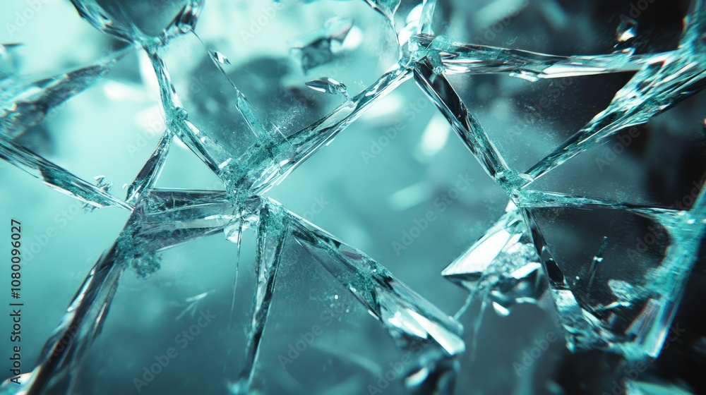 Shattered glass with scattered fragments, sharp reflections, and light scattering